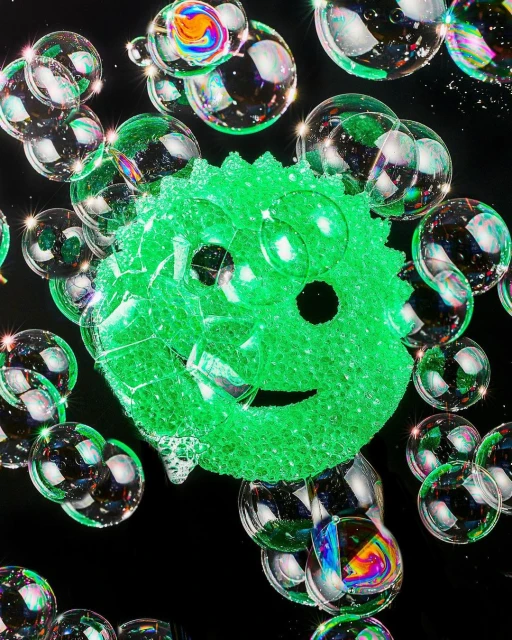 Abstract still life featuring a green textured sphere surrounded by transparent iridescent bubbles floating against a solid black background.