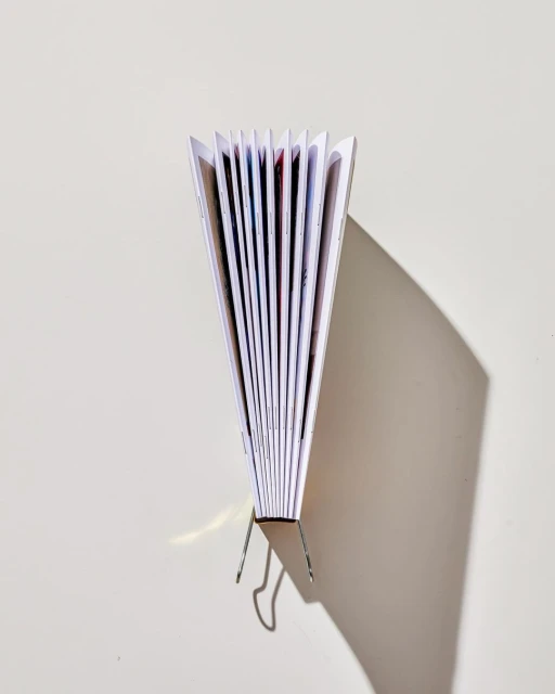 Close-up studio shot of a book with open pages, displaying its unique structure and page arrangement on a white surface with a shadow.