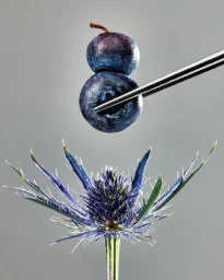 Two stacked blueberries held by metal tweezers above a spiky blue flower against a grey background.