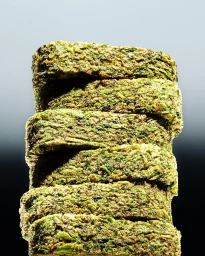 A vertical stack of compressed green plant matter against a smooth gradient background photographed by Ian Loring Shiver