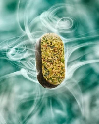 Vertical macro photograph of an oblong herbal tablet surrounded by wispy white smoke against a teal background
