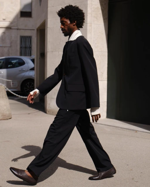 A Black male fashion model walks in a dark suit with wide-leg trousers against an urban backdrop, showcasing a relaxed, stylish aesthetic.