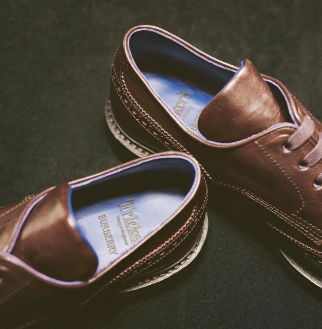 Close-up shot of two brown leather dress shoes with blue lining, laces, and stitching on a dark background, showcasing footwear design.