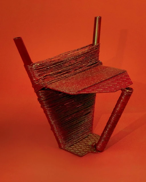 Abstract sculpture made of metal rods and diamond plate, featuring an orange monochromatic color scheme, and studio lighting.