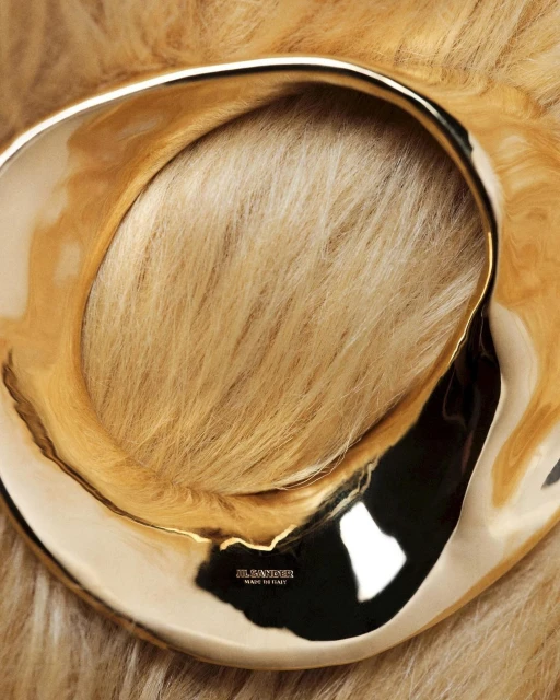 Close-up studio shot of a golden, abstractly shaped metallic bracelet against a background of fluffy, beige faux fur material.