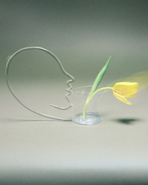 Still life of a yellow tulip in a clear vase next to a metal wire sculpture of a face on a gray surface and background.