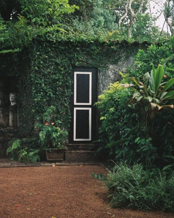 Exterior of stone building covered in ivy with black door and red-brown gravel ground.