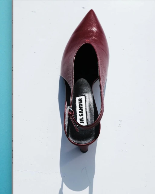 Burgundy Jil Sander slingback heel on a white surface, angled overhead shot. Formal shoe with a pointy toe and slingback strap.