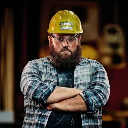 Bearded man in a yellow hard hat and plaid shirt with arms crossed, photographed by Ilario Magali in Paris