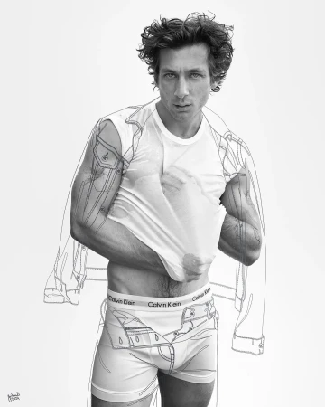 Black and white fashion shot of a curly-haired adult man partially removing his white tee shirt to reveal branded briefs, sketched denim details.