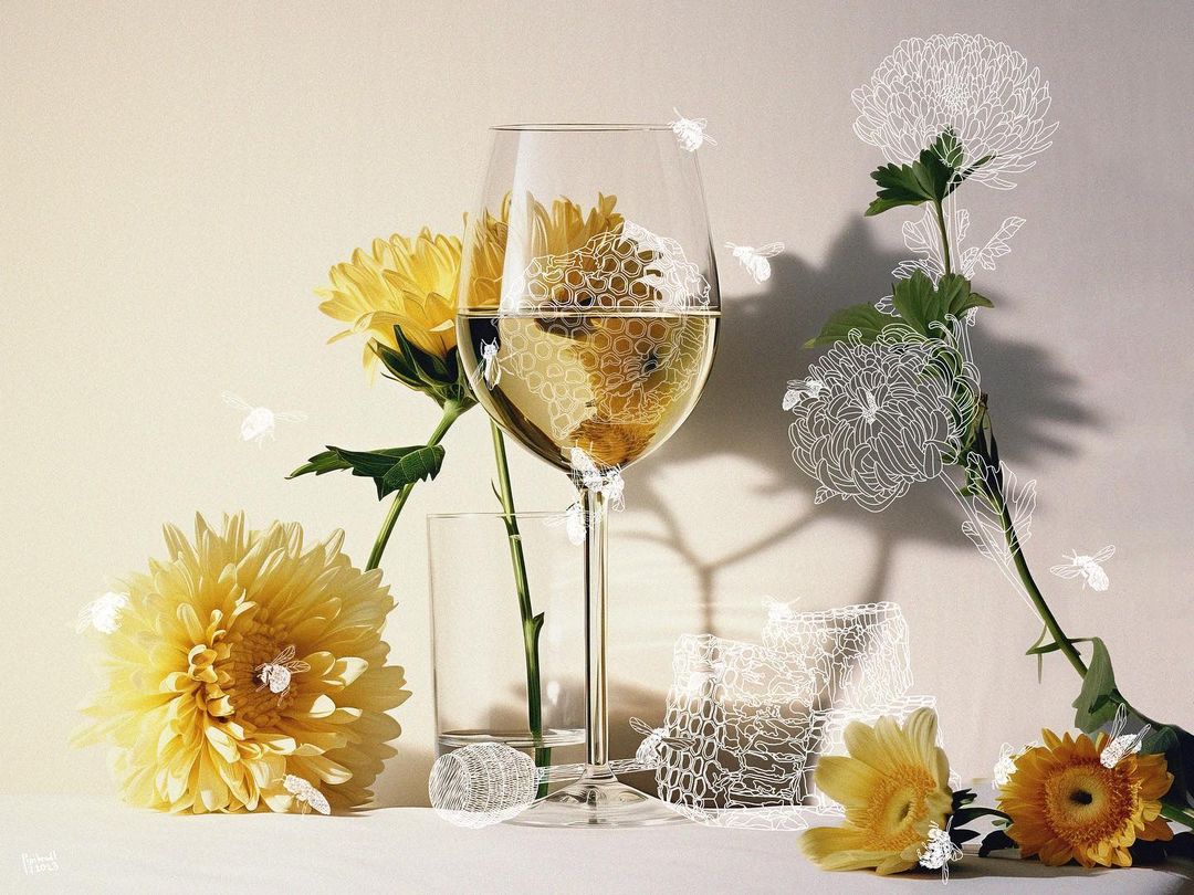 Still life with a wine glass filled with liquid, surrounded by yellow flowers and delicate line art of flowers and bees on a light surface.