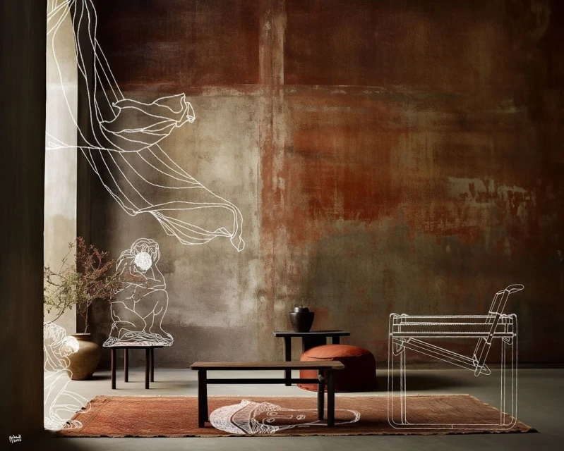 A warm-toned interior shows sketched furniture on an area rug, lit by diffused lighting, against a textured wall in an interior design scene.