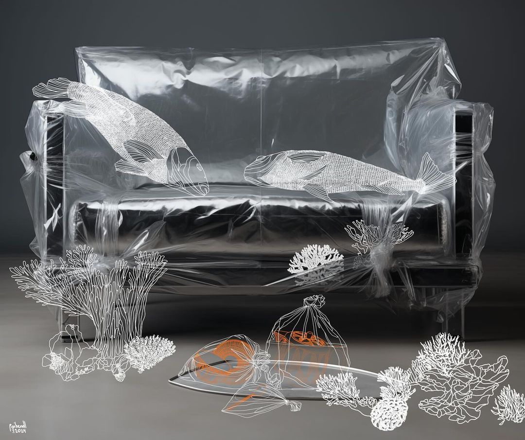 Artwork showing a transparent-wrapped couch with illustrated white fish and coral, along with a plastic bag containing goldfish.