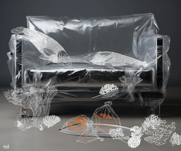 Artwork showing a transparent-wrapped couch with illustrated white fish and coral, along with a plastic bag containing goldfish.