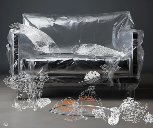 Artwork showing a transparent-wrapped couch with illustrated white fish and coral, along with a plastic bag containing goldfish.