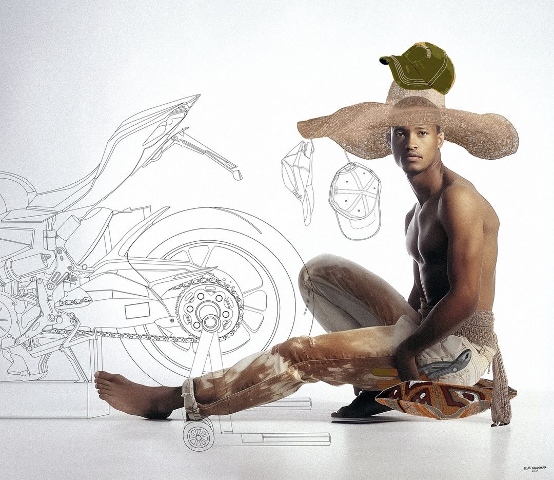 Man in jeans and a large hat sitting beside a motorcycle schematic drawing, wearing a crocheted belt and sandals against a plain white backdrop.