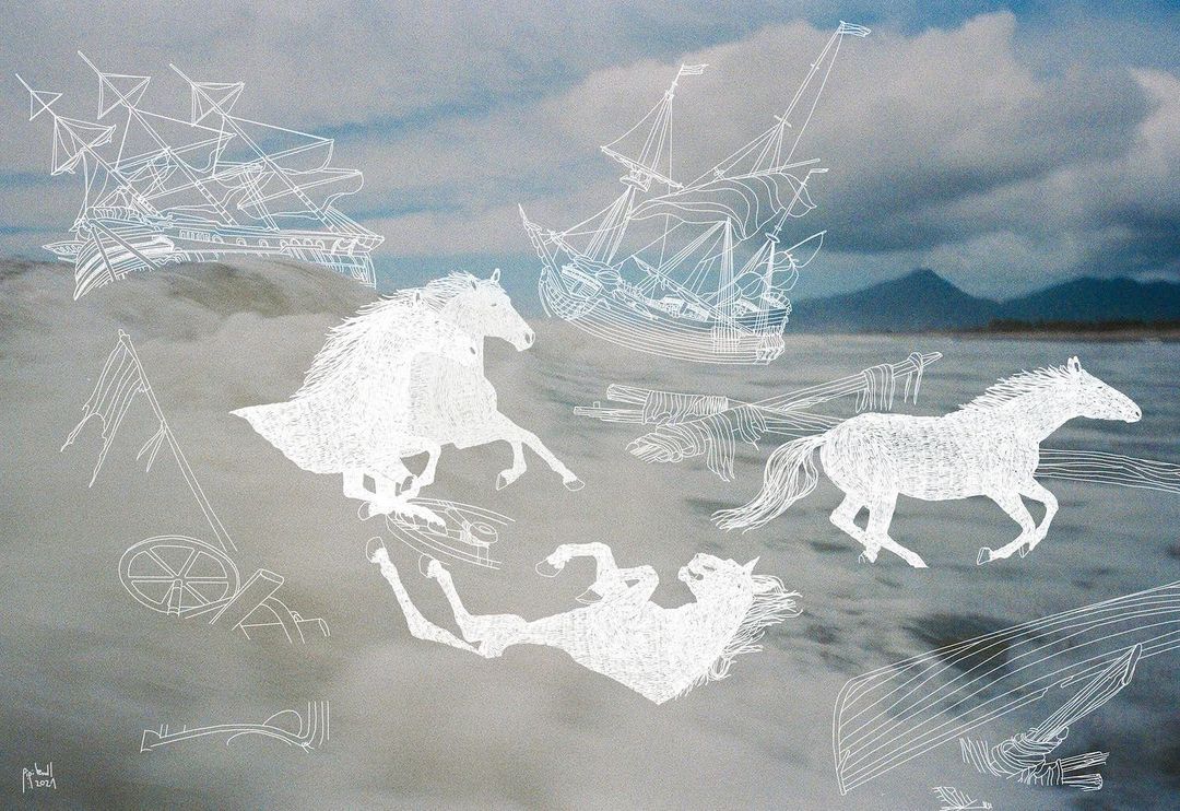 Fantasy art: Line-drawing overlay of horses and ships on a muted landscape. Horses are running near sailboats, with hills in distance.