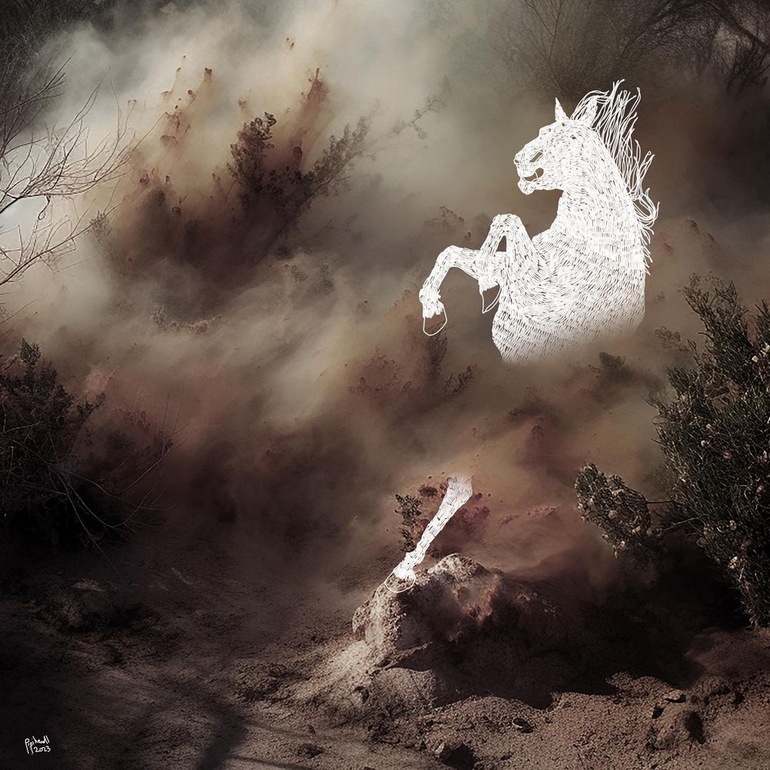Digital art of a white horse rearing up in a stylized, dust-filled landscape, with blurred trees and earth tones creating an ethereal scene.
