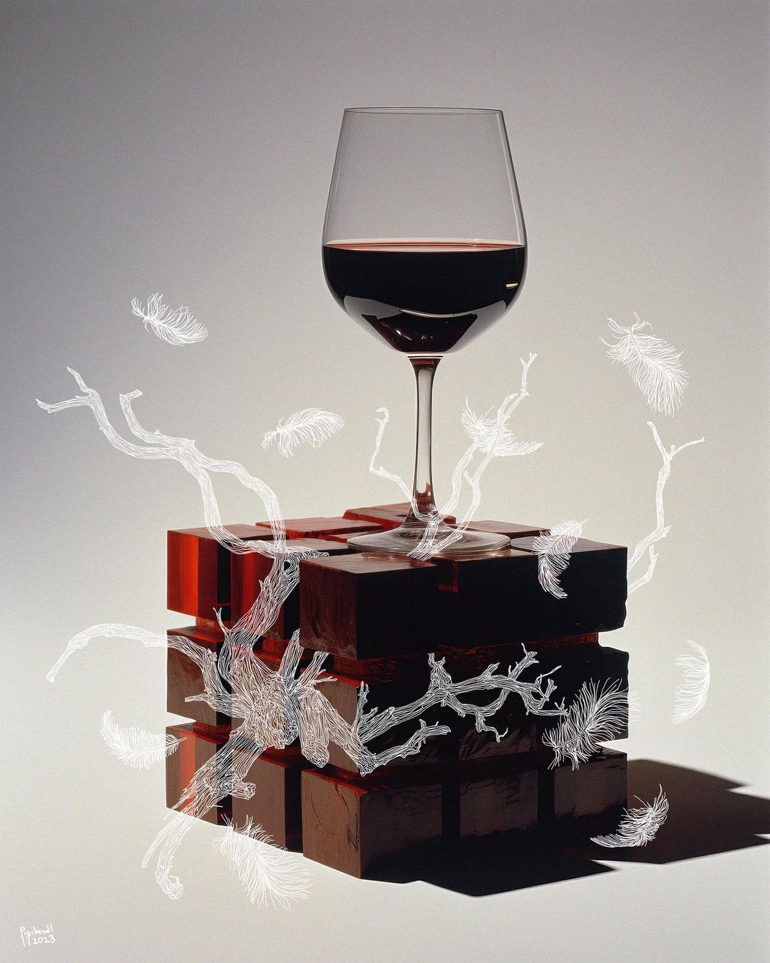 A glass of red wine sits on a stack of ruby cubes, digitally enhanced with feather and branch illustrations against a gradient backdrop.