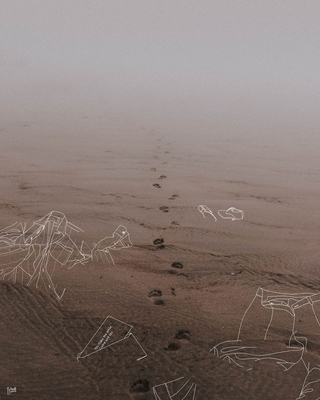 Sandy beach stretches into the distance under a hazy sky, adorned with white-line art of clothing outlines, footprints, and text.