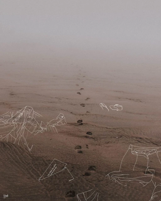Sandy beach stretches into the distance under a hazy sky, adorned with white-line art of clothing outlines, footprints, and text.