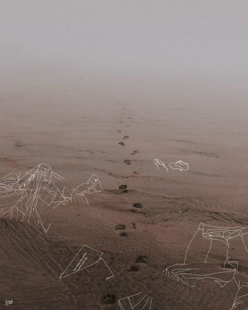 Sandy beach stretches into the distance under a hazy sky, adorned with white-line art of clothing outlines, footprints, and text.
