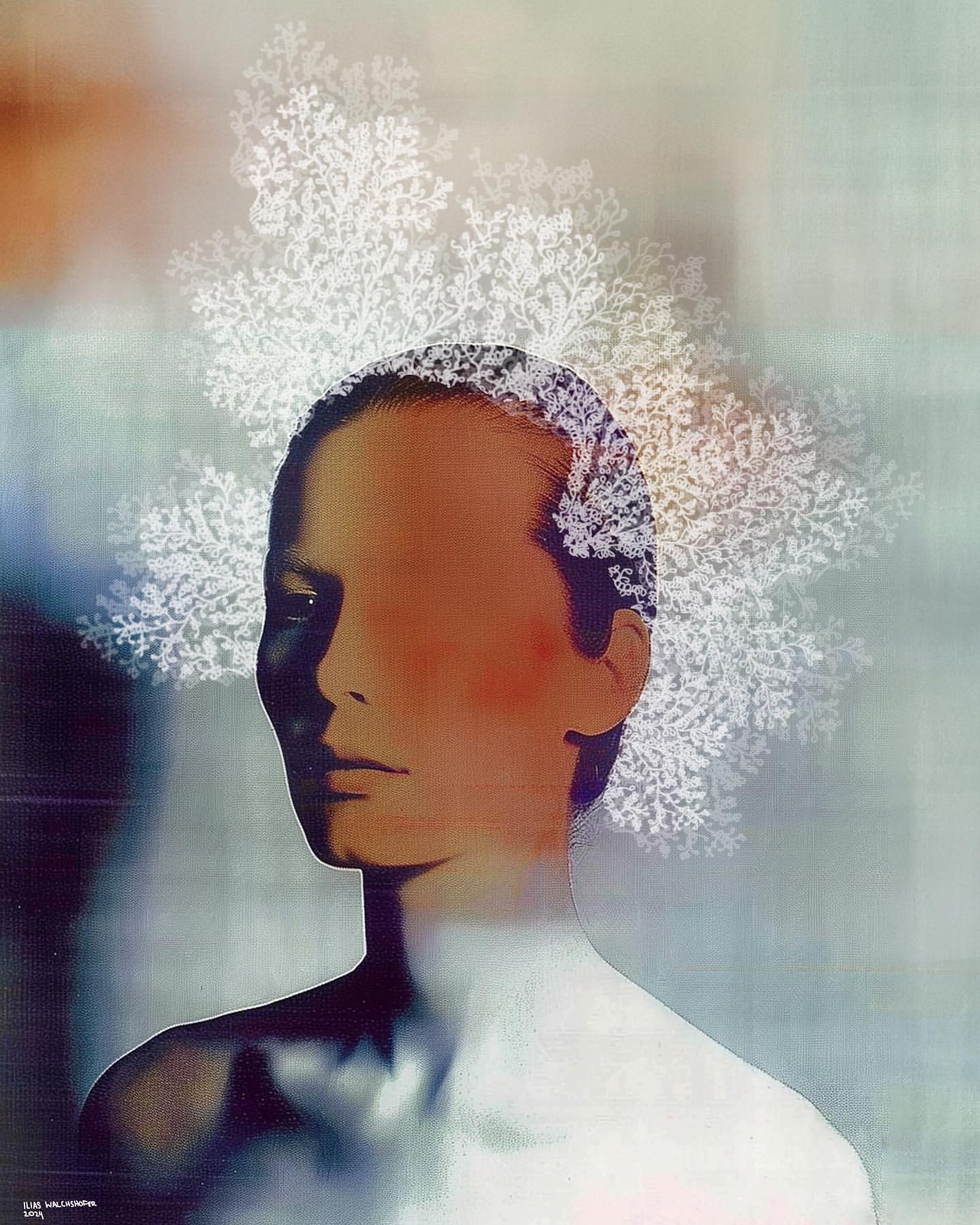Artistic portrait of a woman with intricate white floral designs overlaying her head and upper body, set against a textured background.