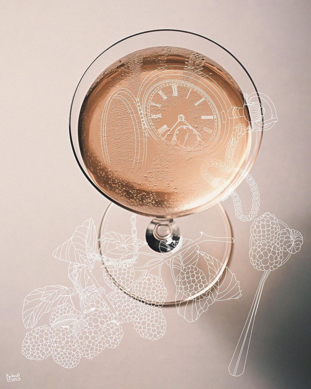 Overhead shot of champagne cocktail in coupe glass with watch and berry line art, set on a pale surface with soft shadows.