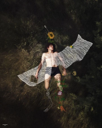 Artistic image of a young man lying in tall grass, wearing a partially sheer top with drawings of flowers and an exoskeleton on the lower half.