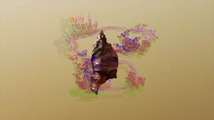 Stylized image featuring a central brown rock formation surrounded by colorful, illustrative floral elements on a tan background.