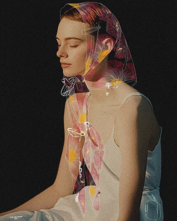 Illustration of a woman wearing a patterned floral headscarf and a light-colored dress against a dark textured background.