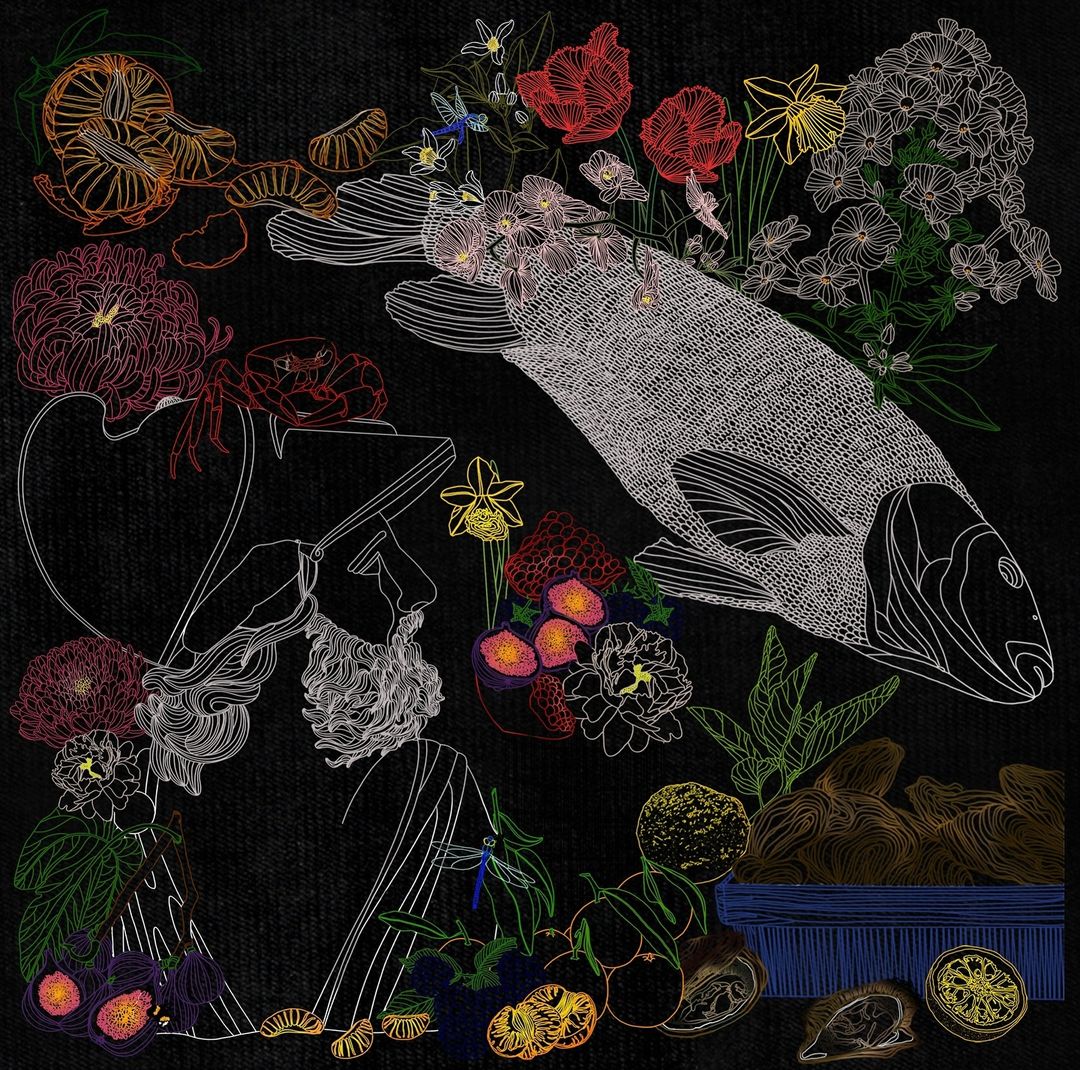 Stylized art featuring fruit, seafood, and flowers in a dark, textured setting, with line-art style drawing of a bearded man visible.