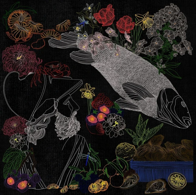 Stylized art featuring fruit, seafood, and flowers in a dark, textured setting, with line-art style drawing of a bearded man visible.