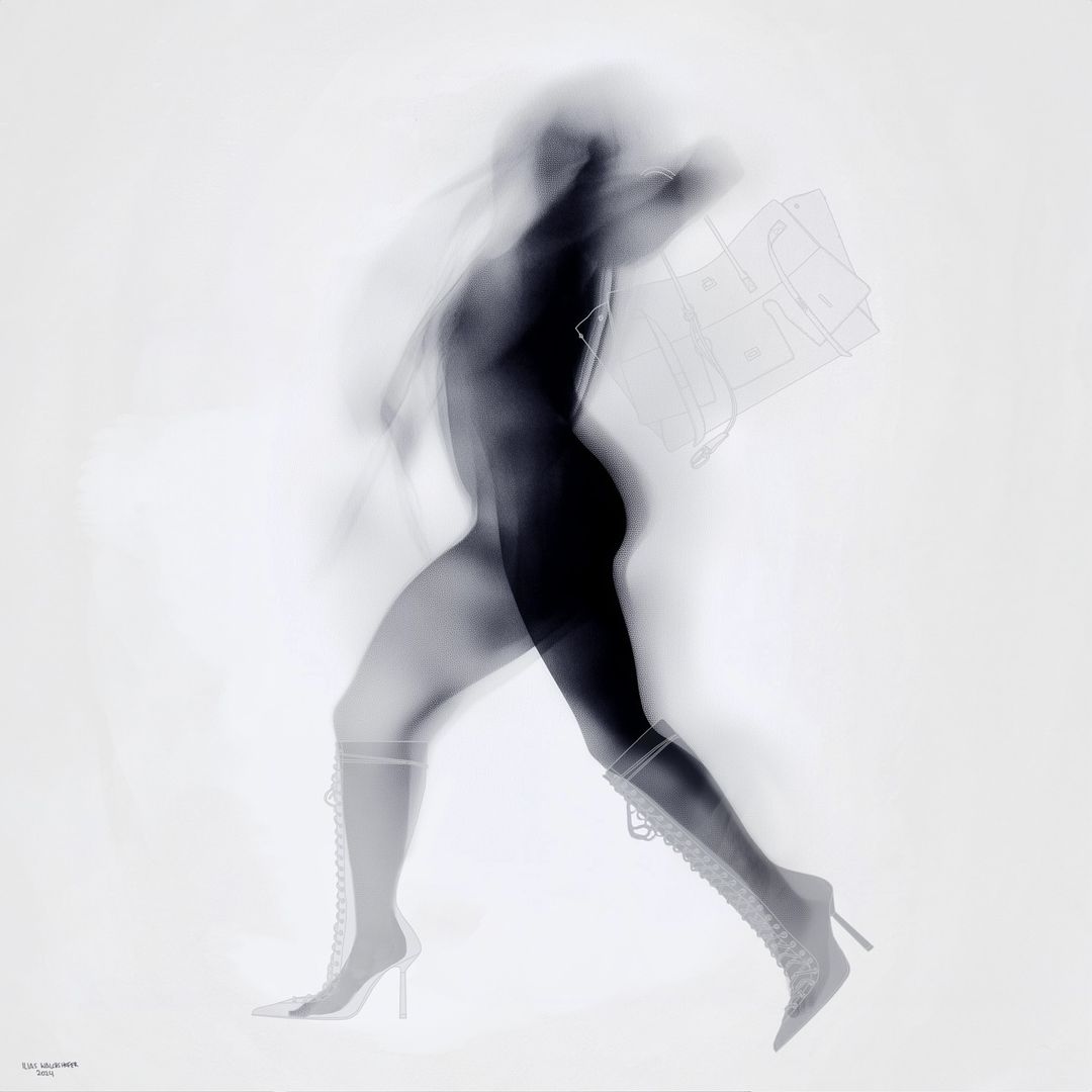 Ghostly figure of a woman in knee-high boots and a dress pattern runs across a stark white background with a motion blur effect.
