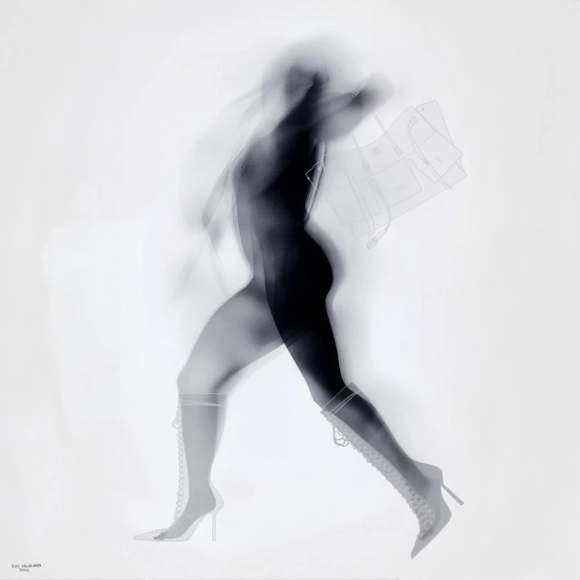 Ghostly figure of a woman in knee-high boots and a dress pattern runs across a stark white background with a motion blur effect.