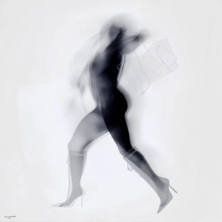 Ghostly figure of a woman in knee-high boots and a dress pattern runs across a stark white background with a motion blur effect.