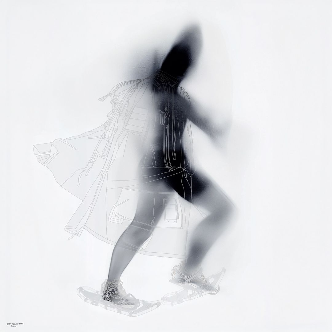 Abstract monochrome photo of person walking on snowshoes with blurred motion effect, wearing a hooded coat and dark athletic wear.