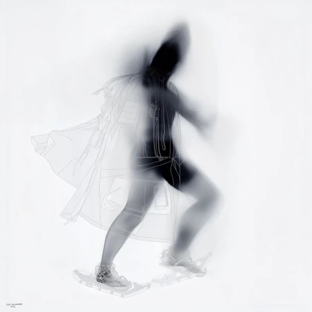 Abstract monochrome photo of person walking on snowshoes with blurred motion effect, wearing a hooded coat and dark athletic wear.