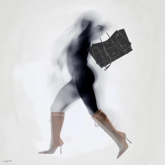 Fashion-forward image of a woman in motion carrying a tote bag and wearing heeled, lace-up boots against a clean, white backdrop.