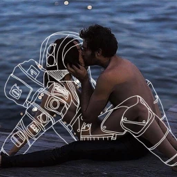 Man and woman embracing on a wooden dock with white line art illustrations overlaid on the female figure by Ilias Walchshofer