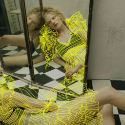 Blonde woman reclining beside a multi-pane mirror with neon yellow digital illustrations overlaid on her clothing.