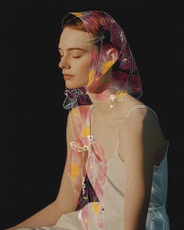 Portrait illustration of a woman wearing a patterned headscarf and light-colored top against a dark textured background