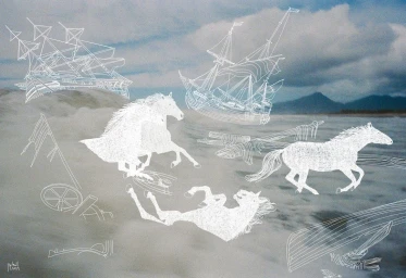 White line-drawn illustrations of sailing ships and running horses overlaid on a cloudy sky and coastal water photograph.