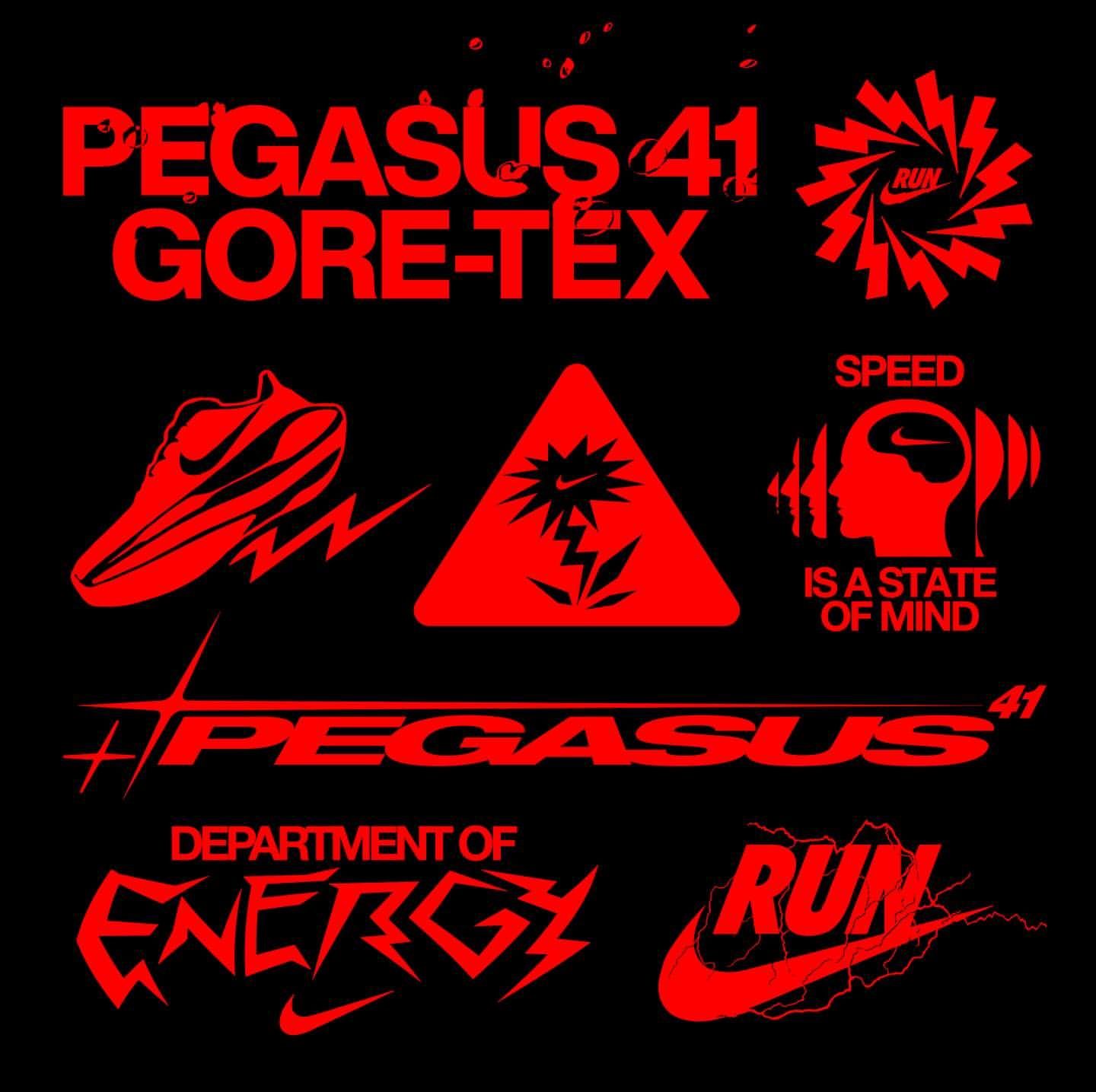 Nike Pegasus 41 Gore-Tex advertisement in red on black. Features running shoe graphic, text reading 'Speed is a State of Mind', and the Nike swoosh.