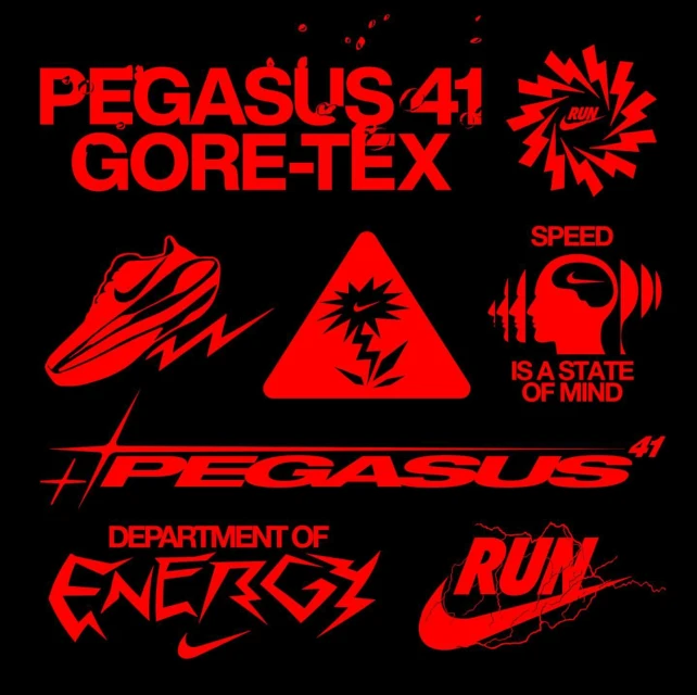Nike Pegasus 41 Gore-Tex advertisement in red on black. Features running shoe graphic, text reading 'Speed is a State of Mind', and the Nike swoosh.