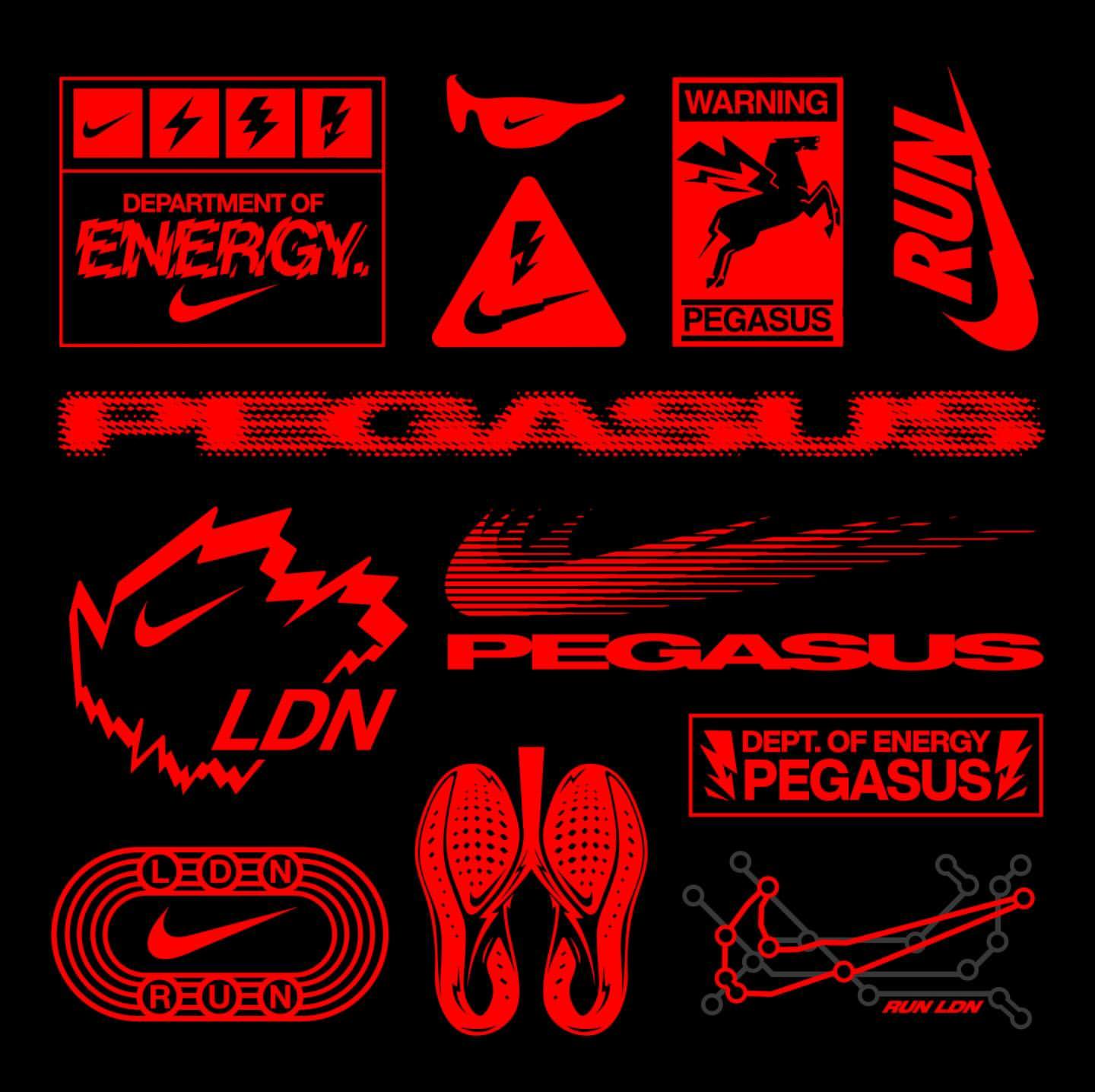 Nike Pegasus graphic art. Assorted red Pegasus themed logos and designs on a black background, including wings, footwear and text.