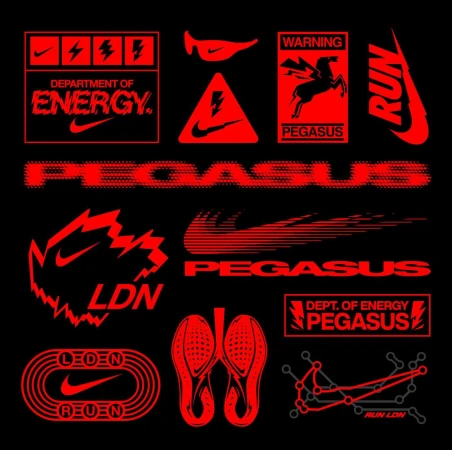 Nike Pegasus graphic art. Assorted red Pegasus themed logos and designs on a black background, including wings, footwear and text.