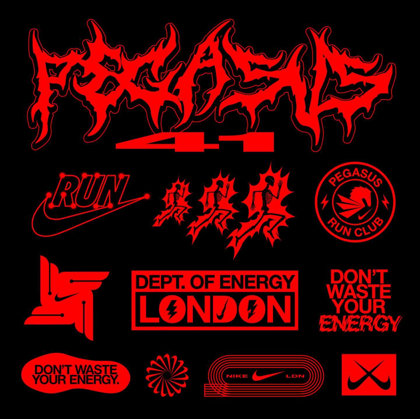 Red graphic art on black background features Pegasus and Nike design elements, running figures, text like 'Run' and 'Dept. of Energy'.