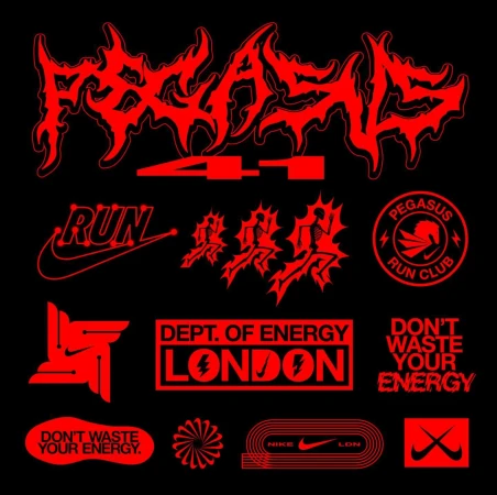 Red graphic art on black background features Pegasus and Nike design elements, running figures, text like 'Run' and 'Dept. of Energy'.