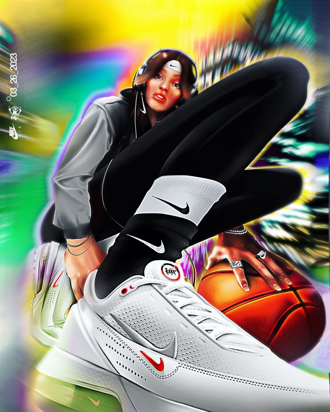 Close-up shot of white Nike sneakers, orange basketball, and a young woman wearing headphones and Nike branded clothing, with colorful background.